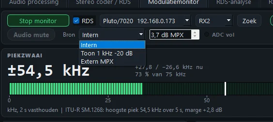 Het lijstje Bron: Intern, Toon 1 kHz -20 dB en Extern MPX